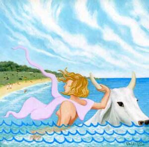 Painting by Josonia Palaitis depicting a white cow swimming in the sea with a beach in the background and a woman wearing pink holding one of its horns