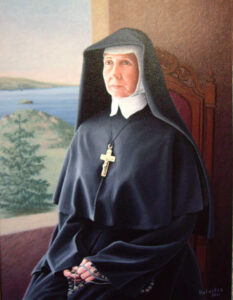 Oil painting by Josonia Palaitis depicting a nun in full atite wearing a crucifix sitting beside a window with a view to the ocean