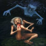 Painting by Josonia Palaitis based on Ovid's Metamorphoses depicting a naked old man biting his knee and drawing blood with a scary dark blue ghoulish figure flying above him
