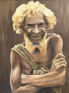 Oil painting by Josonia Palaitis depicting a man with curly hair and a beard from the Papua New Guinea Highlands with his arms crossed and smiling with the strap of a billum visible