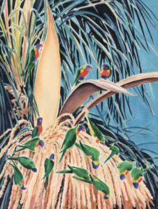 Watercolour by Josonia Palaitis depicting fifteen predominantly green lorikeets feeding on the large flower of a palm tree with a blue sky background