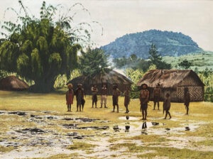 Oil painting by Josonia Palaitis depicting a village men and women standing in front of grass huts with puddles on the grass reflecting the grey sky and a mountain and large tree in the background