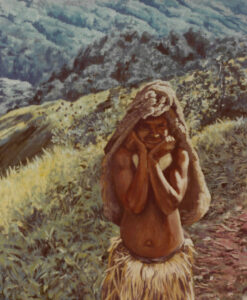 Oil painting by Josonia Palaitis depicting a woman from Mendi in the Papua New Guinea Highlands standing with her hands holding her chin, wearing a grass skirt and carrying a full billum by having it carried by her head with a lush geen landscape in the background